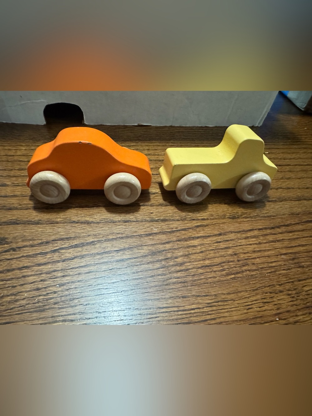 Lot of 2 Wooden Toy Car Set - Orange and Yellow Kids Vehicles
